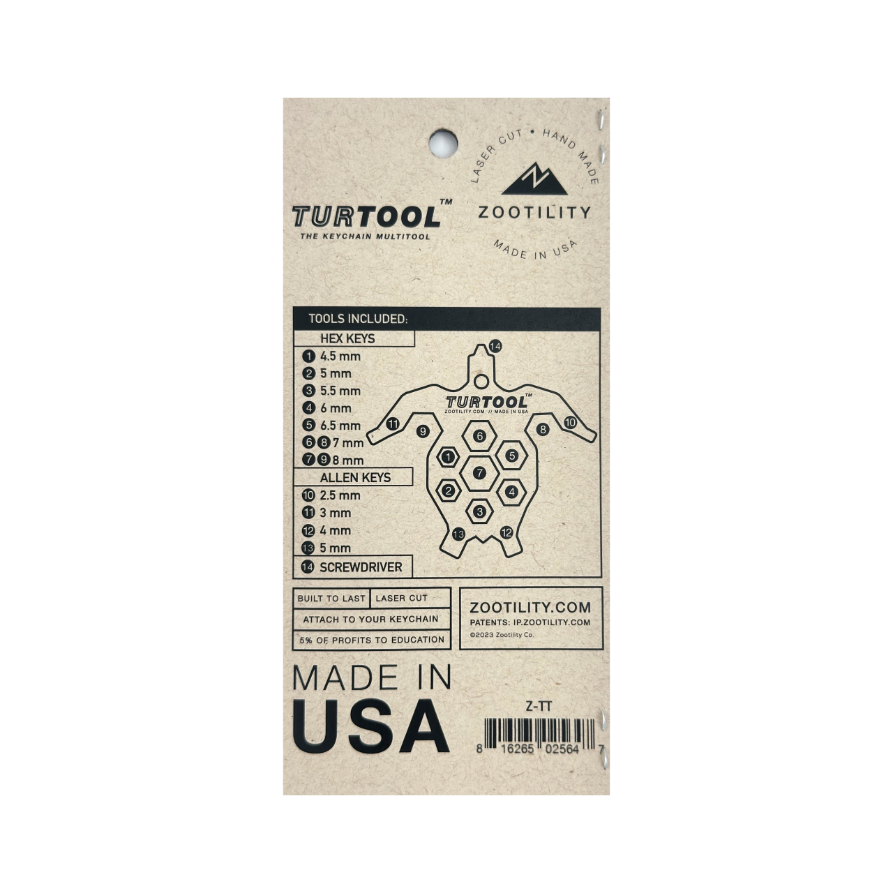 Zootility Turtool 14-in-1 Keychain Multi-Tool — Hex Wrenches, Screwdriver, Bottle Opener